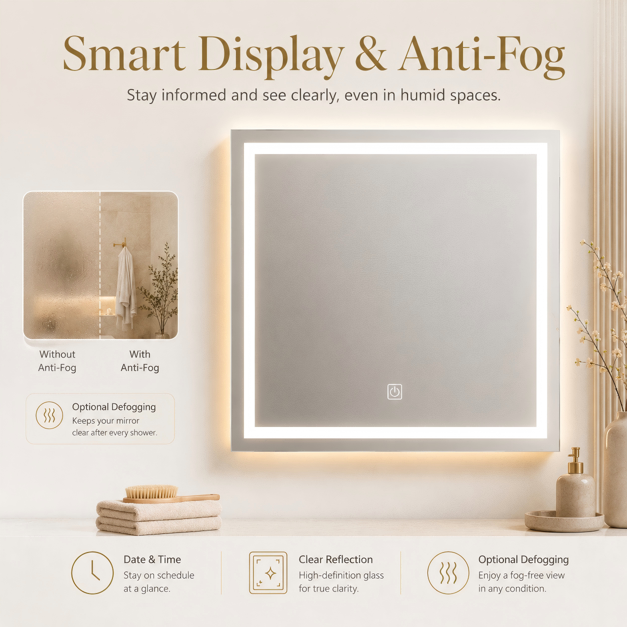 Kingstin Square LED Bathroom Mirror, Dimmable 3-Color Light, Anti-Fog, Custom Size & Time Display Smart Vanity Mirror