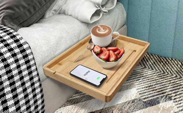 Prateleira de cama de bambu sustentável com porta-tabletas para telefones móveis 38x26x2,5cm Design