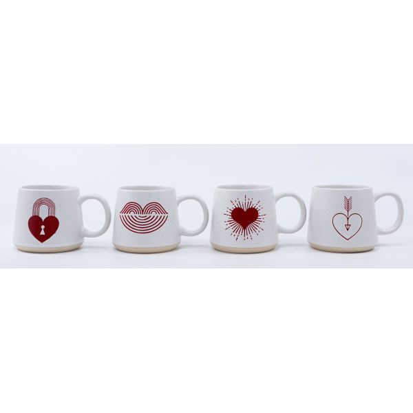 Speckled Red Heart Boho Ceramic Mug Set (4 Valentines Love Designs)