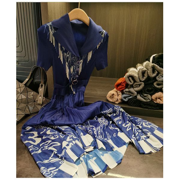 European American Elegant Mid-Length Dress New Style Floral Printed Suit Collar Pleated Waist Slimming Short Sleeve Versatile
