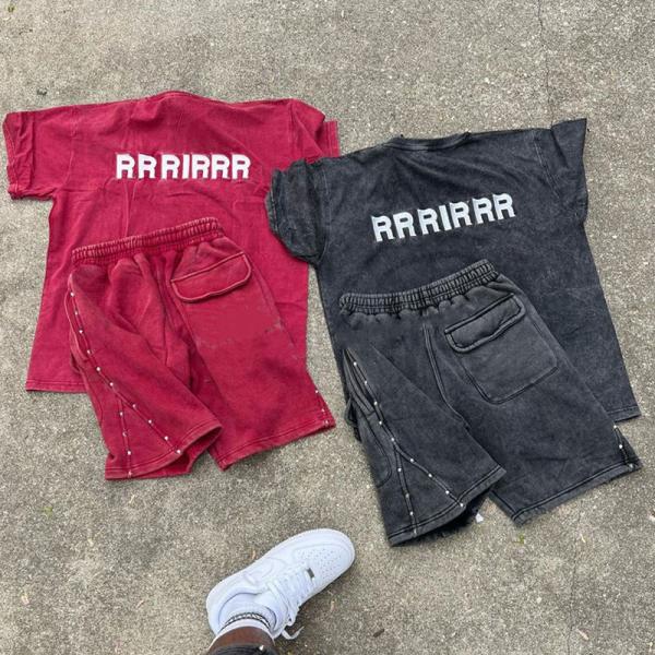 Camisetas de lavado de ácido de verano personalizadas y traje de deporte de carga Camisa y pantalón corto bordados con aplicación vintage para hombres