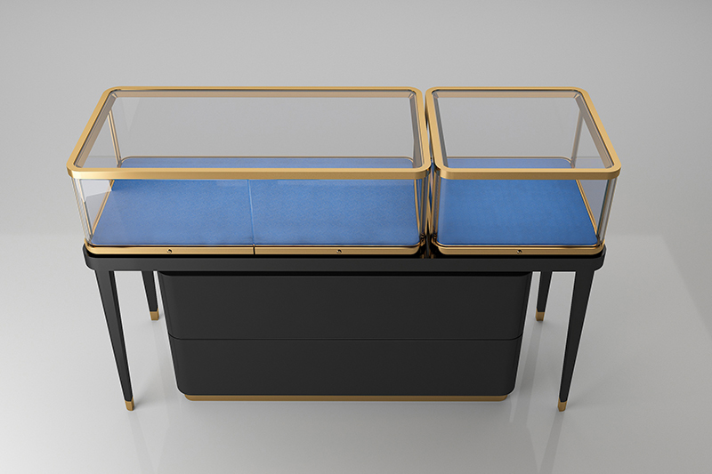 Light Luxury Long Wall Jewelry Display Table, Gold Frame Glass Jewelry Showcase, Slim Leg Standing Vitrine For Necklace, Watch & Luxury Jewelry