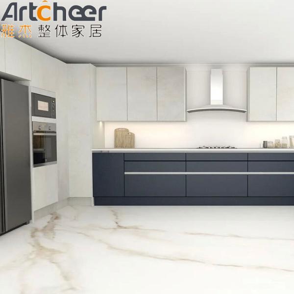 Grey and Blue Color Customized Kitchen Cabinet in L Shape Design for Modern Kitchen from Foshan