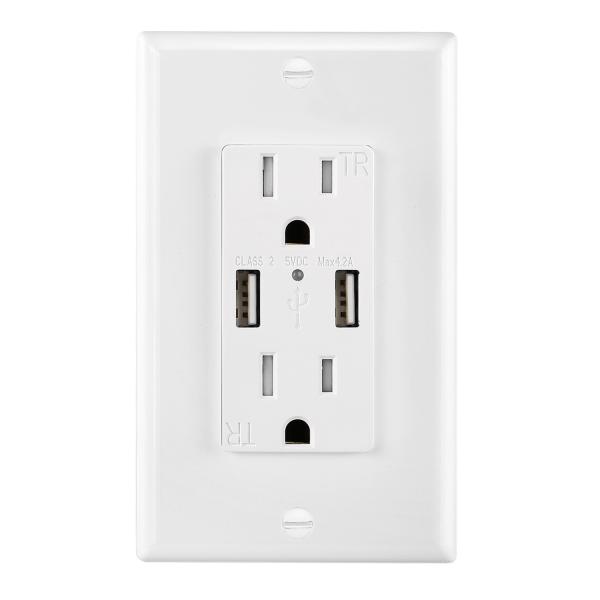 PC ABS Electrical 15A 120V USB Wall Outlet 5V DC Dual Port Hotel Charging Socket
