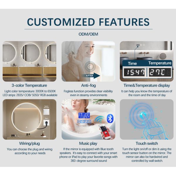 Waterproof IP44 Round Hotel Mirrors LED Anti Fog Bathroom Mirror