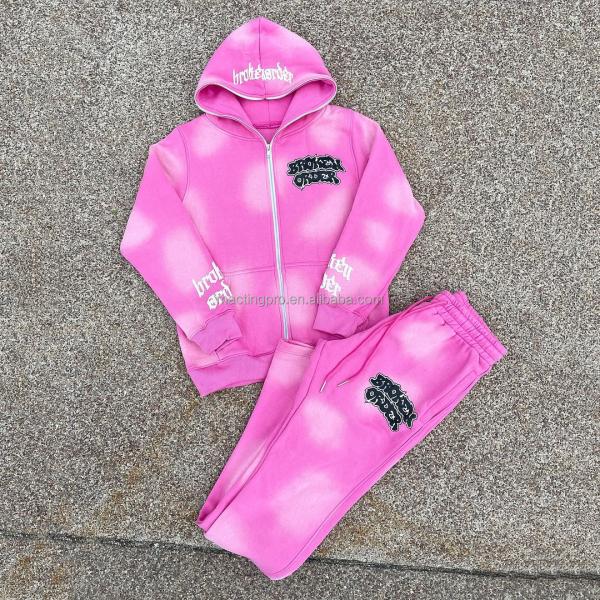 Labels Unisex Men'S Hoodies Set Custom Full Zip Up Hoodie Tracksuit Acid Wash Sweatsuit