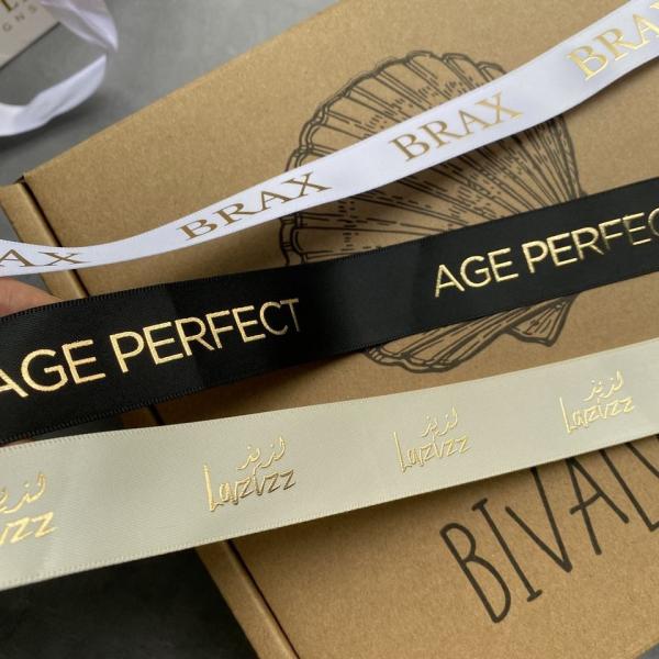 Luxury Gift Wrapping Customized 3D Gold Foil Embossed Printed With Logo Custom Satin Ribbon
