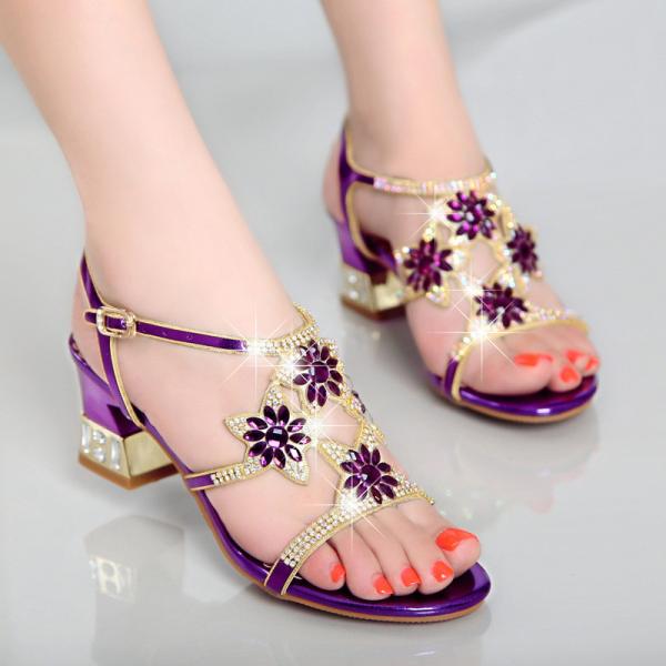 Bs102 2021 New Sandals Women'S Summer Diamond Shoes Fish Mouth Middle Heel Inlaid Diamond Fashion Thick Heel Women'S San