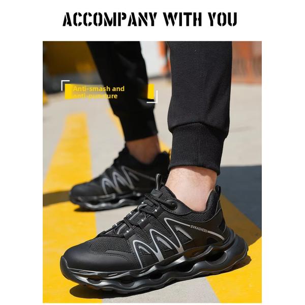 Breathable Microfiber Leather Mesh Safety Shoes With Kevlar Anti-stab Steel Toe And EVA Sole In Black