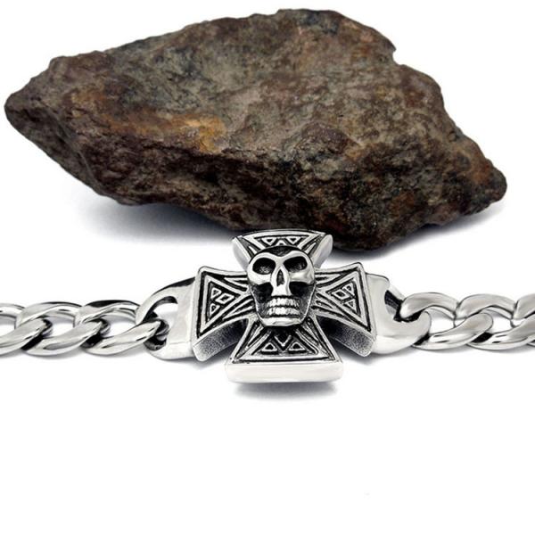 Gothic Skull Cross Stainless Steel Id Bracelet for Men Vintage Old Metal Finishing (JCE456)