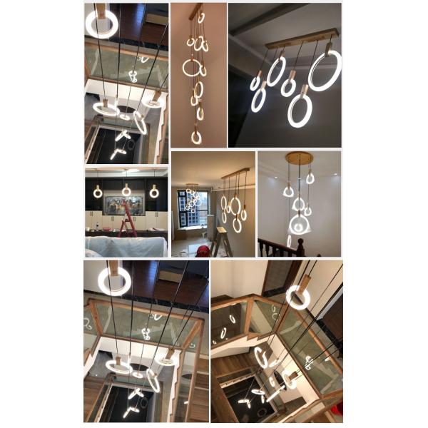 JYLIGHTING Anneaux en acrylique Suspension Lumineuse Escalier Bois Suspendu Moderne LED Lustre Plafond Nordique Salon Hôtel Pendentif