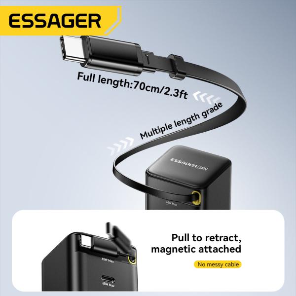 ESSAGER G652CU Series 65W Built-In USB-C Cable GaN USB-C Charger with PPS Function and 100-240V/1.5A Input