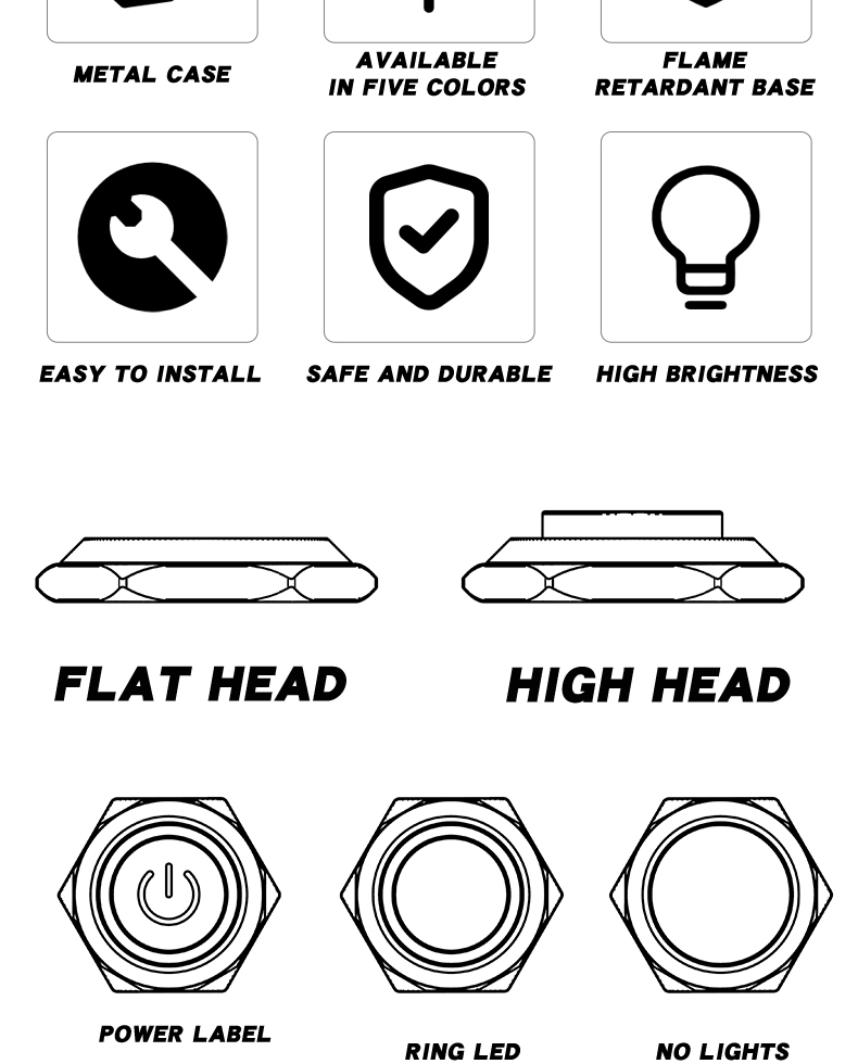 12mm Waterproof IP65 Push Button Switch Self-Locking 1NO High Level Flat Head/High Head On-Off Operation