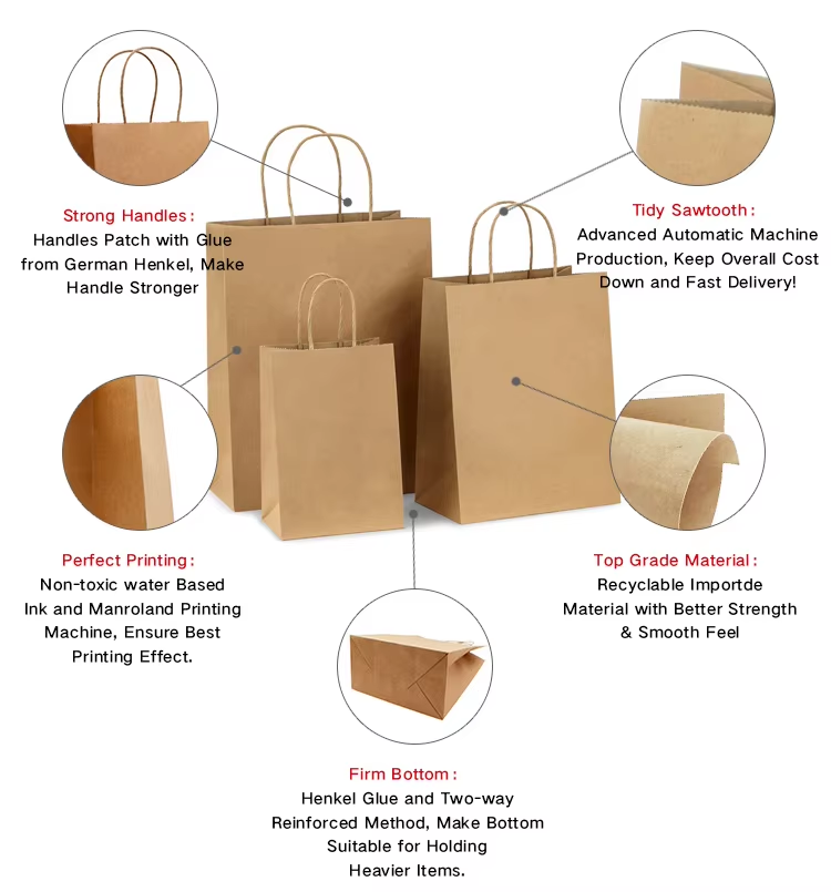 Custom Printed Logo Recyclable  Craft Packaging Kraft Paper Bag Shopping Bags With Handle