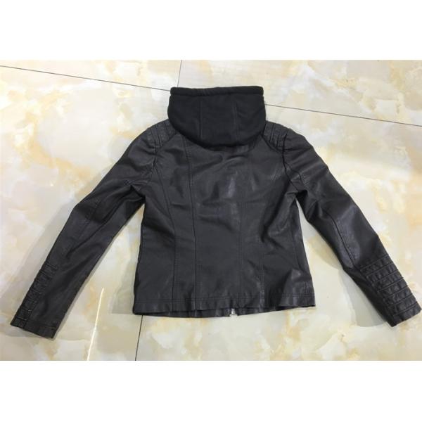 Autumn Black Mens PU Jacket Faux Leather Biker With Detachable Knit Hood