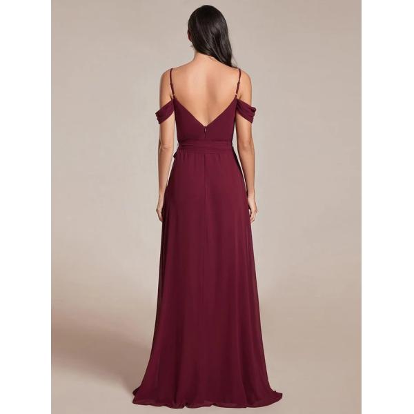 Plus Size A-line Ruffled V-neck Spaghetti Strap High Slit Burgundy Chiffon Party Dress