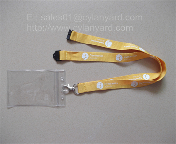 Discount plastic badge holder lanyard with plastic breakaway, polyester ribbon,