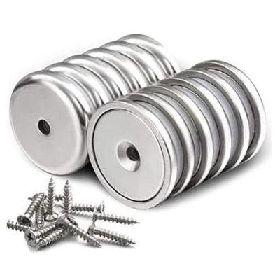 Round Base Cup Neodymium Magnet Pot With Heavy Duty Countersunk Hole And Stainless Screws