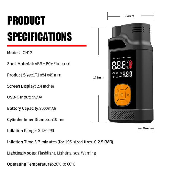 8000mAh Portable Power Automobile Jump Starters With Air Compressor Flashlight Lighting