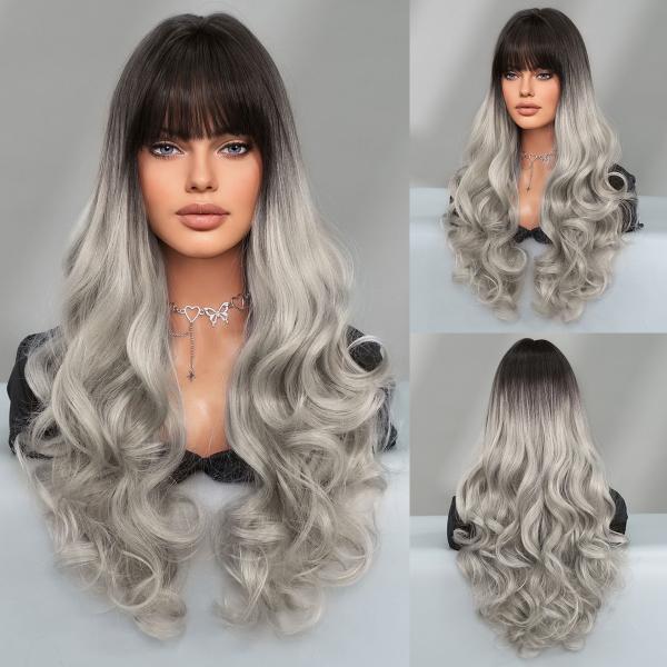 Fashion Long Body Wave Dark Root Hair Black/Grey Synthetic Wigs For Women