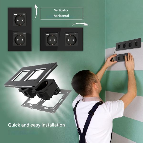 Wall Switch and 1usb type-c Socket with Round Mounting Box 3500W Rated Power and Tempered Glass Panel 