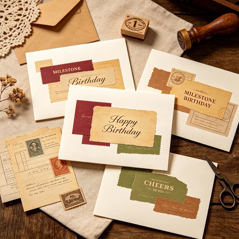 Vintage ephemera collage style milestone birthday cards with layered elements