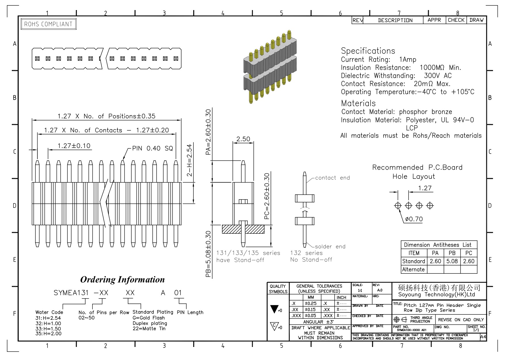 Стога строки соединителя 1.27mm Serise заголовка Pin тип 1 *2PIN одиночного прямой к 1*50PIN SQ0.40mm