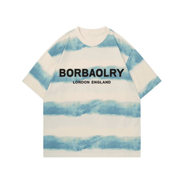 Wholesale 220g T-shirt Cotton Fashion Casual Loose Striped Top Tie-dye Craft Dropped Shoulders Round Neck Short Sleeve
