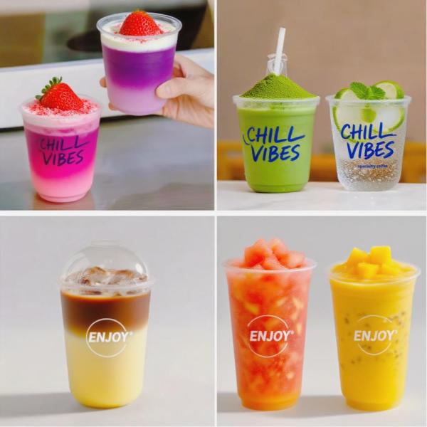 Taza de plástico comercial de calibre 95 en forma de U Bebida de té leche pudín de café sucio Taza de PET con tapa de panda