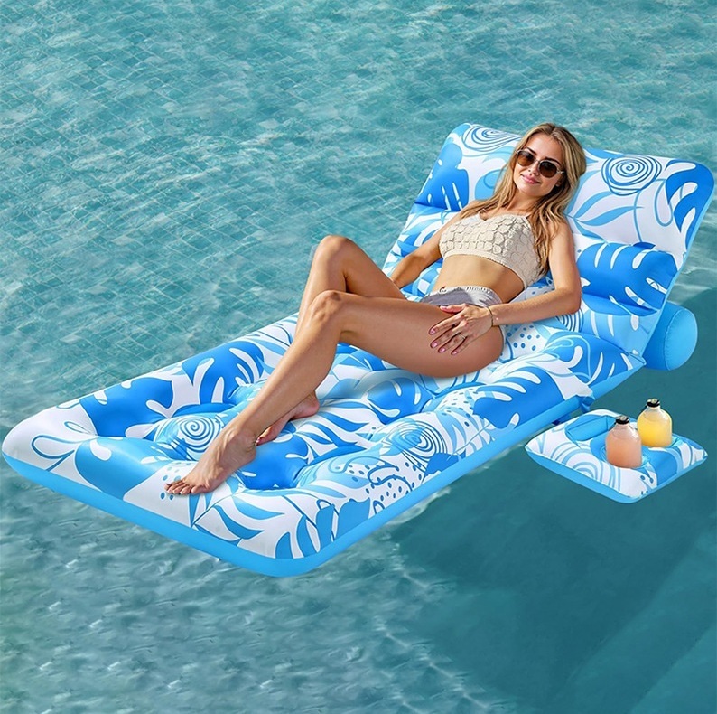 Cross-border PVC Inflatable Raft Cup Holder Backrest Hollow-Design Floating Bed Tropical Leaf Patterned Beach Water Mattress