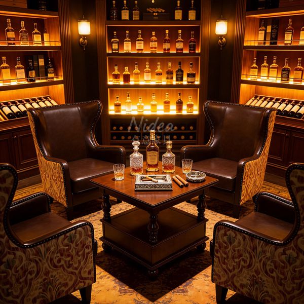 Luxury Modern Country Wingback Leather Chair with Patterned Back for Boutique Hotel and Club Bar