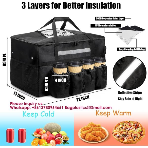 Insulated Food Delivery Bag With 4 Cup Holders/Drink Carriers, Large Catering Thermal Bag, Pizza Warmer Carrying Case, Insulated Hot & Cooler Bags For Beverages, Grocery, Food Transport
