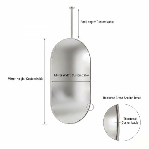 Kingstin Custom Stainless Steel Ceiling Mounted Oval Bathroom Mirror, Hanging Vanity Mirror for Hotel & Villa
