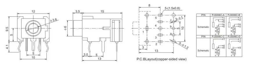 Гнездо держателя PCB 5 штырей стерео, соединитель PJ3006C 3.5mm Джек аудио