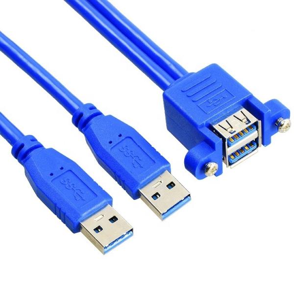 Double câble d'extension USB 3.0 monté sur un panneau de type A, mâle à femelle