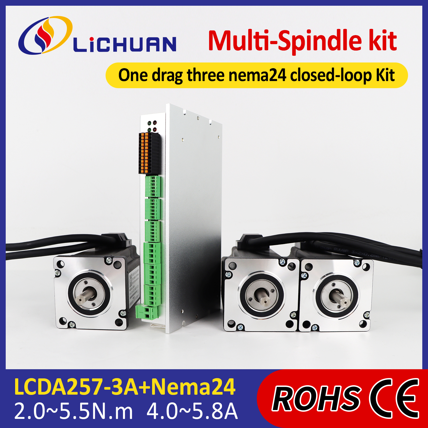 Lichuan 3A DC Closed Loop Stepper Motor Drivers Kit 3.5N.m 2 Phase Nema24 DC24V～50V 4.0/5.0/5.8A 1000PPR