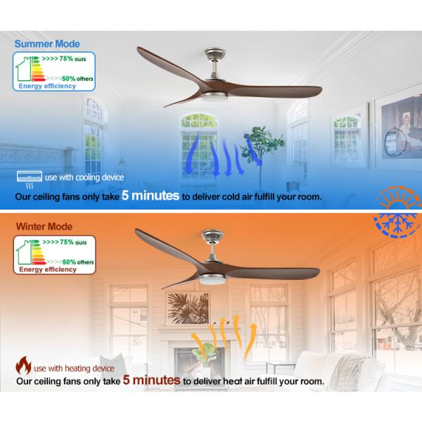 Ventilador de teto com controle remoto inteligente com 3 lâminas de madeira natural e material de corpo de lâmpada de metal