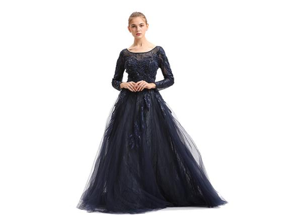Fashion Dark Blue Tulle Fabric Ladies Evening Dresses / Formal Party Gowns