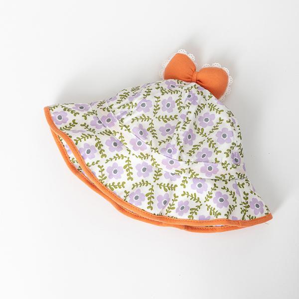 Floral Wavy Bound Cotton Children'S Bucket Hat with bow For Outdoor Sun Protection