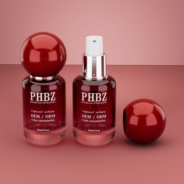 30ml / 1oz Empty Red Gradient Glass Cosmetic Serum Bottle with Round Ball Cap, Custom Color OEM ODM Skincare Packaging for Lotion Essential Oil