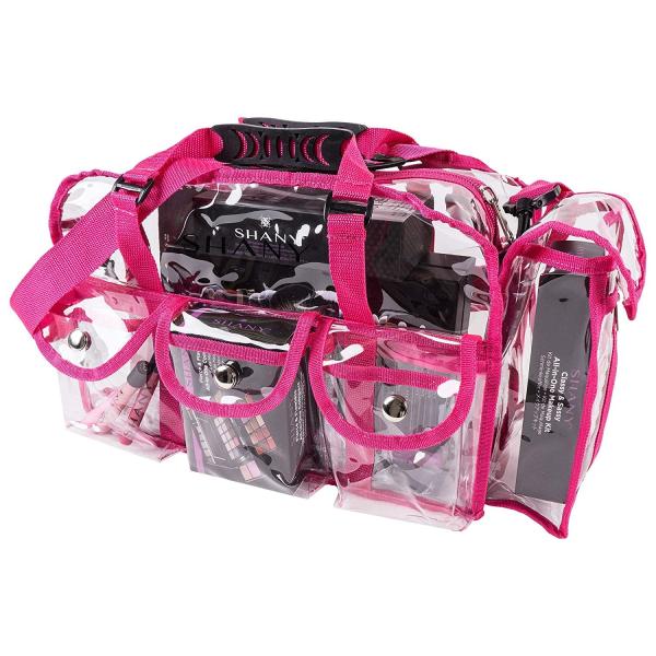 Pink Clear PVC Makeup Bag - Large Size Professional Makeup Artist Rectangular Tote with Strap