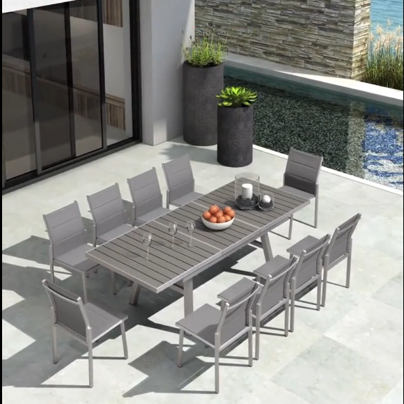 10 Seater Garden Dining Set WPC Table and Brushed Aluminum Chairs for Outdoor Furniture