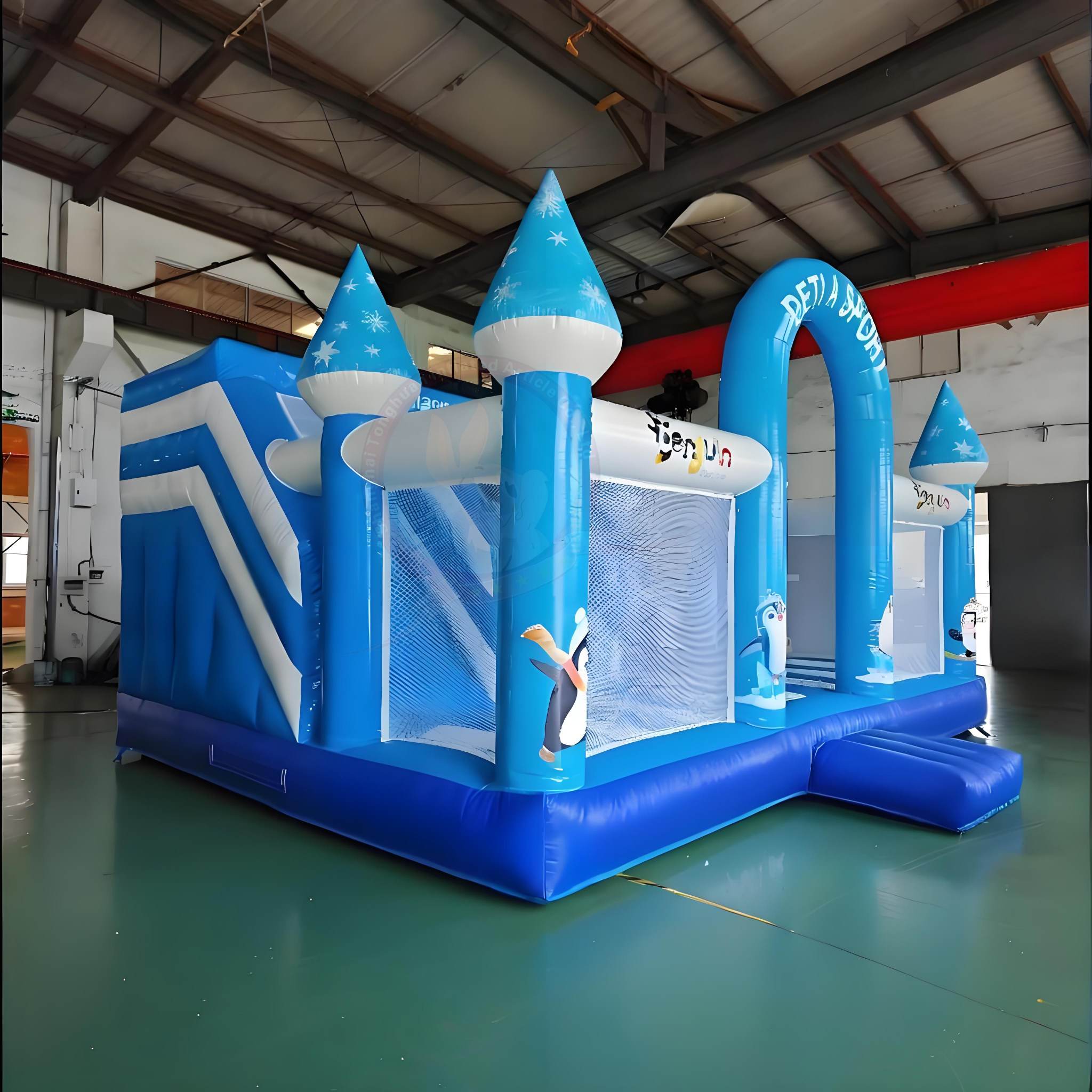 Inflatable Penguin Bounce House Slide Combo Blue Theme Kids Castle With Bounce Area Climbing Section Mesh Walls Rental Playground Equipment