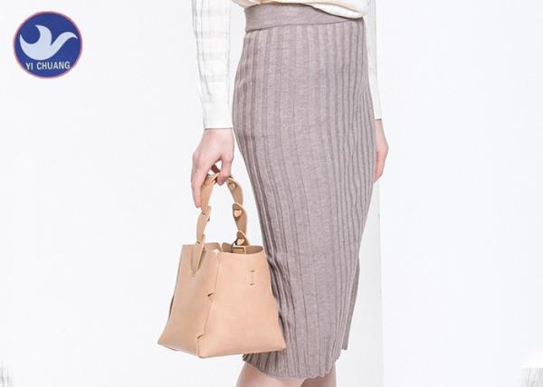 Ribbed Back Slit Womens Knit Skirt Pencil Fitted Back Opening Wrap Middle Size