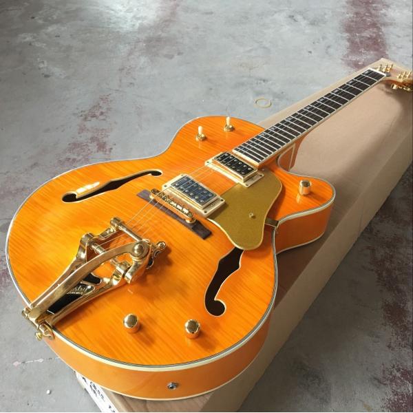 Tiger Flame jazz electric guitar.F hollow body jazz guitar. orange guitar.vibrato system.free shipping