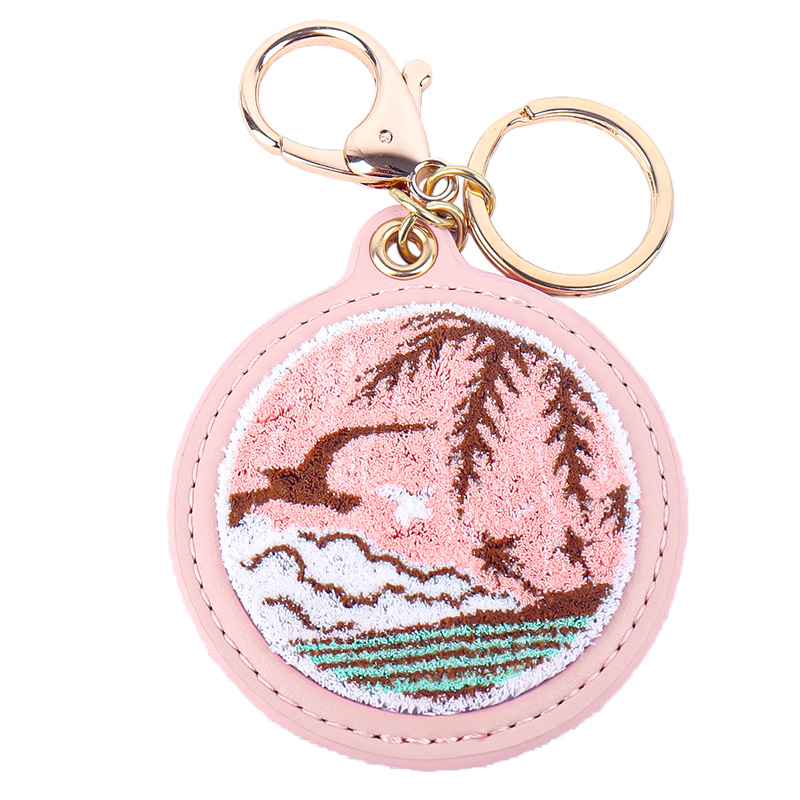 Toothbrush Embroidered Leather Key Ring Pink Island Scenery Premium Embroidery Keychain 3D High-Quality Double-Sided