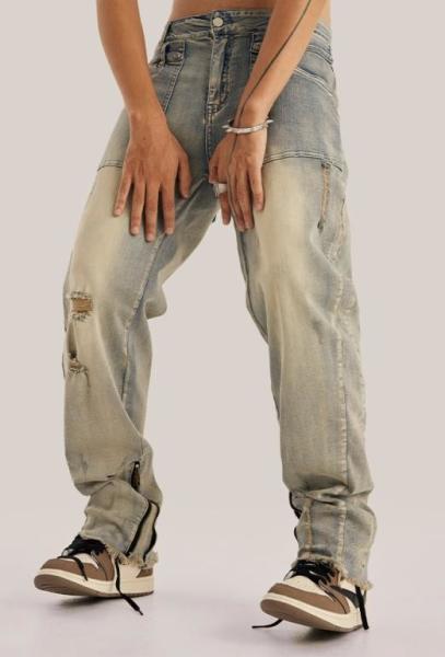 Parte inferior crua da bainha das calças de brim unisex de Vintage Washed Street do fabricante de roupa da quantidade pequena com zíper