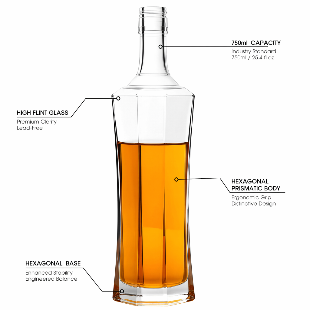 Hexagonal High Flint Glass Liquor Bottle 750ml For Whiskey Vodka Spirits