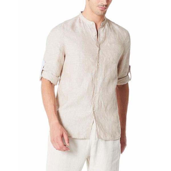 Goose Yellow Chambray Spring Button Up Shirts Yarn Dyed Mens Linen Band Collar Shirt