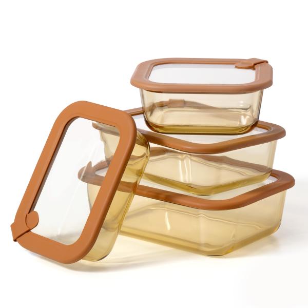 Amber Color Deep Glass Produce Storage Containers With Vented Glass Lid Bpa Free